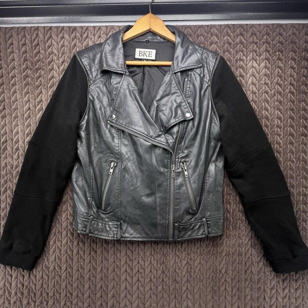 BKE Moto Jacket Womens Medium Black Motorcycle Faux Leather Fleece Zip Pockets